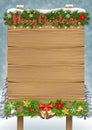 Merry christmas wood board sign winter background Royalty Free Stock Photo