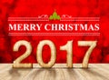 Merry christmas 2017 in wood texture in perspective room with sp