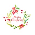 Merry Christmas word with Watercolor Christmas frame of green le Royalty Free Stock Photo