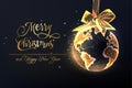 Merry Christmas World gold greeting card with planet Earth globe hanging Christmas ornament bauble Royalty Free Stock Photo