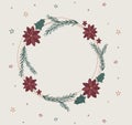 Merry Christmas wreath garland with poinsettia and twig. Evergreen branch, botanical wedding illustration for winter