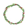 Merry Christmas Wreath, Red Berries And Green Tree Branches Isolated On White Background. Watercolor Hand Painting Illustration.