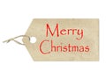 Merry Christmas written on a brown paper label on white