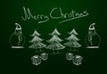 Merry Christmas written chalkboard with three pine trees, two snowmen and gift packages