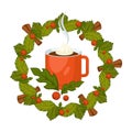 Merry Christmas, xmas greeting with winter holiday, mug with beverage vector.