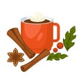 Merry Christmas, xmas greeting with winter holiday, mug with beverage vector.