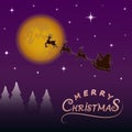 Merry Christmas, xmas, winter holidays card. Santa in sleigh with reindeers flying on night background Royalty Free Stock Photo