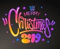 Merry Christmas 2019 year. Greetings card. Colorful lettering design. Vector illustration