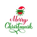 Merry Christmask lettering with cute masked Virus. Quarantine Christmas quote. Winter holidays in covid pandemic. Vector