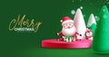 Merry chritsmas text vector design. Christmas podium with santa claus and penguin characters Royalty Free Stock Photo