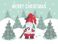 Merry Chtistmas card with Gnome, vector illustration. Yule gnome in red hat in forest.