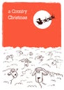 Merry Country Christmas card with flock sheeps and Santa fly on winter sky