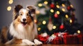 Merry dog on Christmas scene, greeting card ready Royalty Free Stock Photo