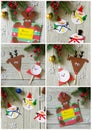 Merry gift collage on wooden table. Project of children`s creativity, handicrafts, crafts for kids Royalty Free Stock Photo