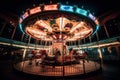 a merry go round at night with people on it\'s sides