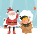 Merry or Happy Christmas companions. Santa Claus and elf in snow scene Royalty Free Stock Photo