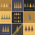Merry and Happy Christmas luxury greeting card collection. Gold holiday set with abstract trees, text quotes, xmas ornament Royalty Free Stock Photo