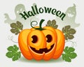 Merry haunted pumpkin and Halloween text. Festive illustration, poster vector Royalty Free Stock Photo