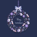 Merry holidays! Christmas wreath with gifts, piggy, socks, snowflakes and ice stars.