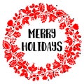 Merry Holidays red vector card with christmas wreath