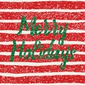 Merry Holidays vector card with red and white stripes, golden dust decoration background