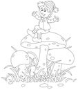 Merry little boy sitting on a big mushroom