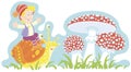 Merry little boy on a snail and fly agarics Royalty Free Stock Photo