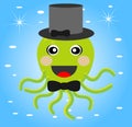 Merry octopus in a hat on a blue background