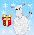 Merry sheep with a gift on a blue background with snowflakes