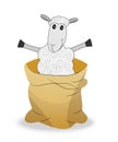 Merry sheep in a sack on a white background