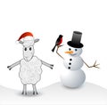 Merry sheep, snow man and bullfinch Royalty Free Stock Photo