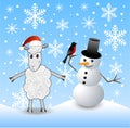 Merry sheep, snow man and bullfinch Royalty Free Stock Photo