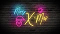 Merry X`Mas shiny neon lamps sign glow on black brick wall. colorful sign board with text Merry X`Mas ,cartoon Santa Claus Royalty Free Stock Photo