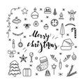 Set of hand drawn Christmas icons with lettering. Isolated on white background