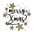 Merry Xmas. Black and yellow. Hand drawn lettering calligraphy for greetings card