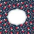 Merry Xmas card. Seamless Christmas pattern with xmas stocking, stars and candy canes