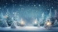 Merry Xmas card with winter landscape, Christmas trees in snow, lights and bokeh. Winter Snow Background Royalty Free Stock Photo