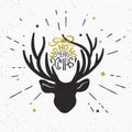 Merry xmas with deer black head silhouette