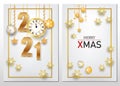 Merry Xmas and Happy New Year. Xmas decorative design elements on red background. Horizontal Christmas posters greeting cards