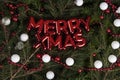 merry xmas written on a glossy red plastic wall decoration placed on a pile of fir branches