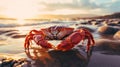 Vivid Sunset Still Life: Realistic Red Crab On Beach