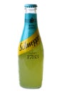 Mersin, Turkey - February 2020. Chilled bitter lemon Schweppes bottle with drops and inscriptions on Turkish isolated