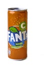 Mersin, Turkey - February 2020. Chilled Fanta can with water drops and inscriptions on Turkish isolated on white Royalty Free Stock Photo