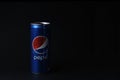 Mersin, Turkey - February 2020. Chilled Pepsi can with water drops at black background Royalty Free Stock Photo