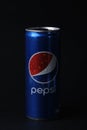 Mersin, Turkey - February 2020. Chilled Pepsi can with water drops at black background Royalty Free Stock Photo