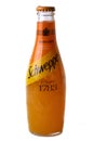 Mersin, Turkey - February 2020. Chilled tangerine Schweppes bottle with water drops and inscriptions on Turkish isolated