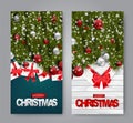 Mery Christmas banner set. Xmas and Happy New Year realistic design concept. Green fir tree branches, baubles, gift boxes with red Royalty Free Stock Photo