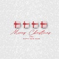 Mery Christmas banner. Xmas and Happy New Year realistic design concept. Snow on white background, gift boxes with red bow and rib Royalty Free Stock Photo