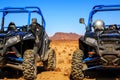 Merzouga, Morocco - Feb 21, 2016: blue Polaris RZR 800 aligned a