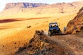 Merzouga, Morocco - Feb 21, 2016: blue Polaris RZR 800 crossing